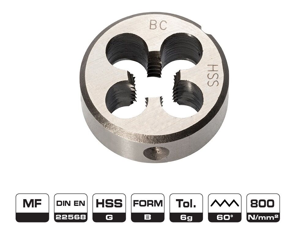 4202 BOHRCRAFT Filiere tonde DIN EN 22568 HSS-G per filettatura metrica fine MF ISO DIN 13, forma B, rettificate