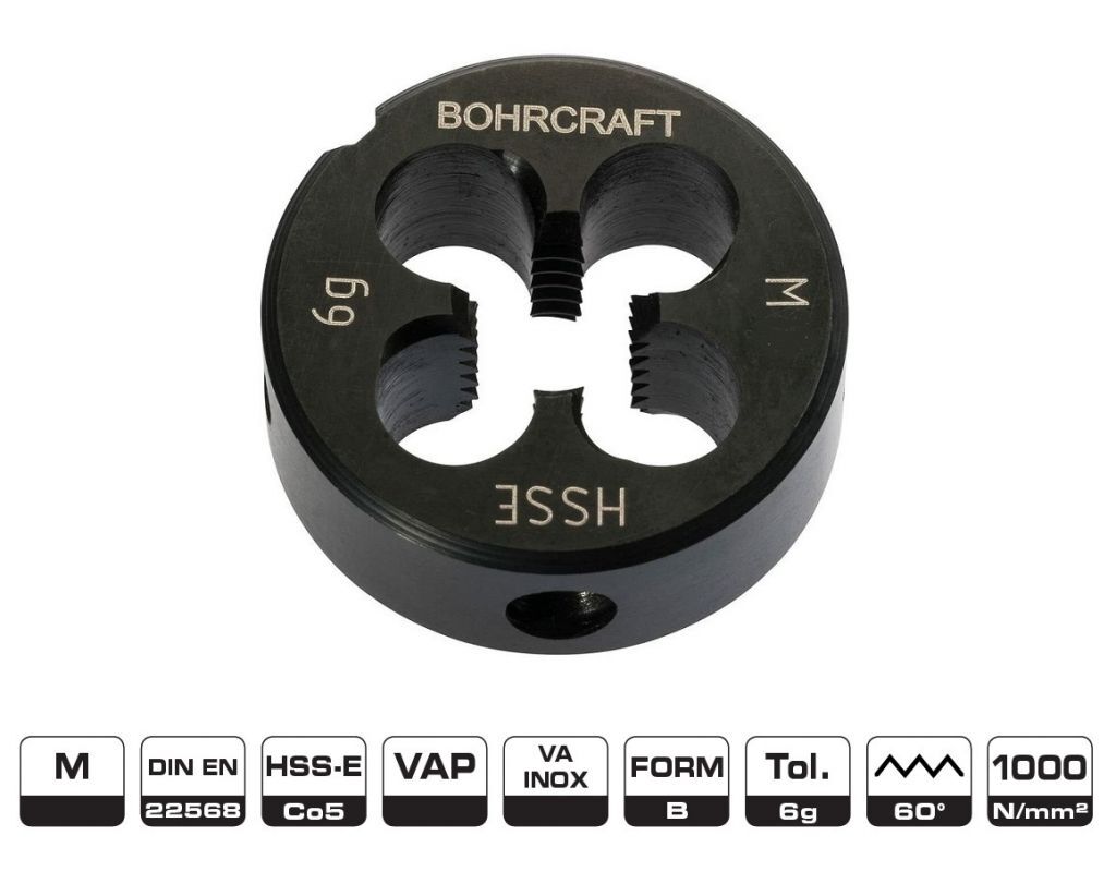 4210 BOHRCRAFT Filiere tonde in HSS-E (Co5) per acciai inossidabili, filettatura metrica ISO DIN 13, tolleranza 6g, imbocco corretto forma B