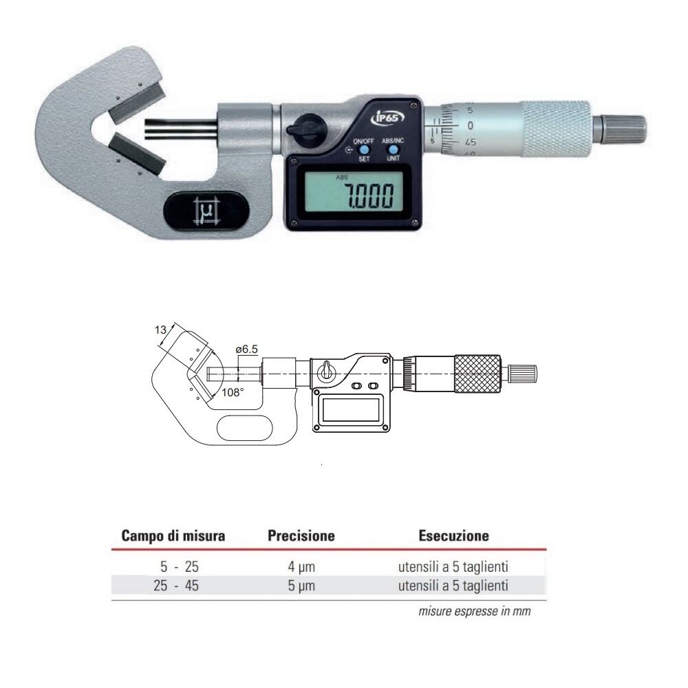 RUPAC C2390425  Micrometri digitali millesimali con incudine a prisma Serie Digitronic, per utensili a 5 taglienti - Campo di misura a scelta