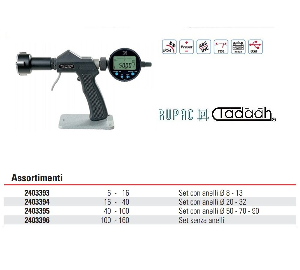 Series of assortments of digital three point millesimal micrometer "Triga-Bore" Digitronic Series, with Rupac dial indicator, quick lever movement and pistol grip