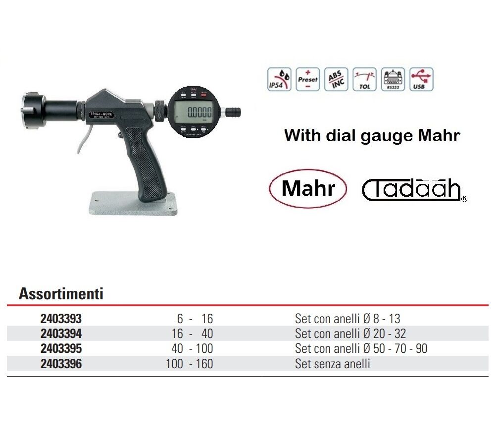 RUPAC C2403393-5 Series of assortments of digital three point millesimal micrometer "Triga-Bore" Digitronic Series, with Mahr dial indicator, quick lever movement and pistol grip
