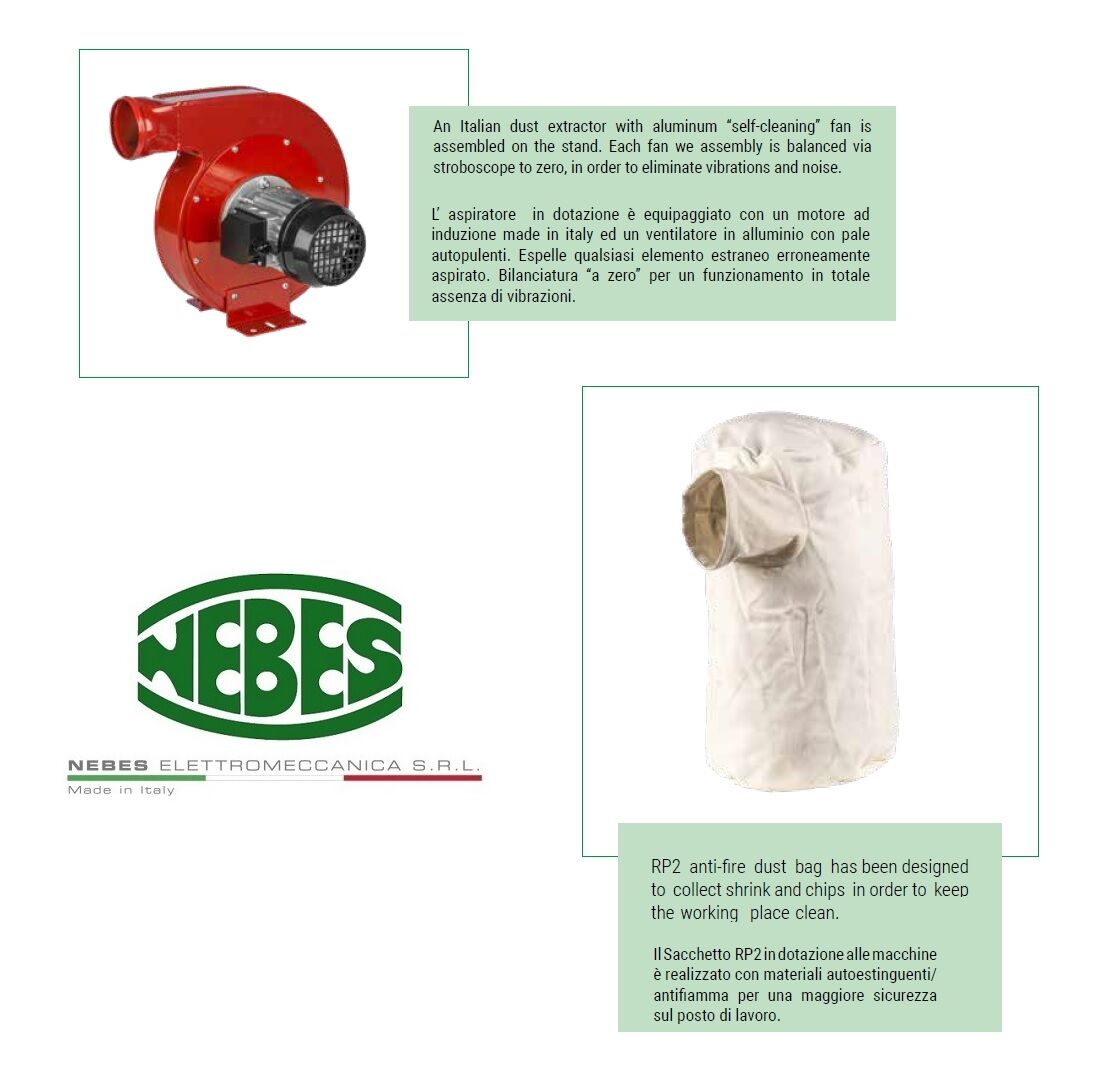NEBES Elettromeccanica CA-9 Macchina combinata industriale in GHISA Serie "CA” con aspiratore e colonna per utilizzo spazzola e mola 150x20x16 mm, motore monofase 230V