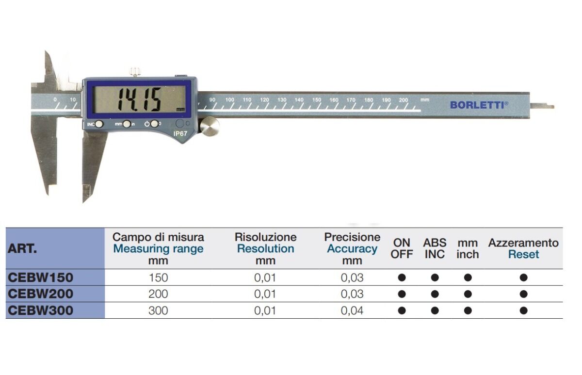 BORLETTI CEBW Calibri digitali Wireless, protezione IP67con schermo LCD con caratteri alti 11 mm, campo di misura a scelta