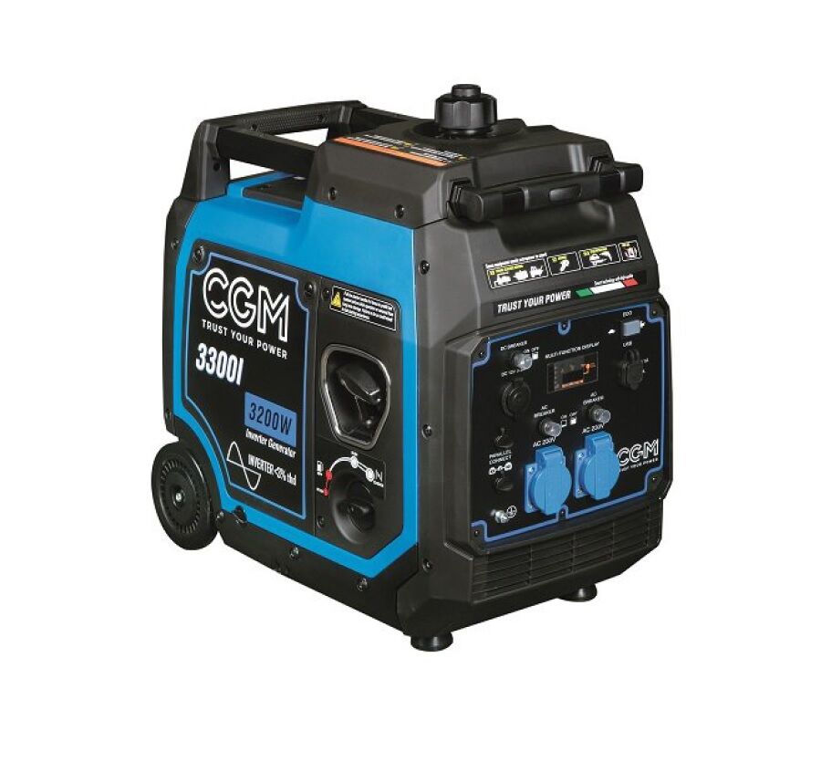 CGM 3300I Generatore di corrente super power inverter SILENZIATO con carello a benzina 3kW, monofase 230V, con avviamento a strappo e regolazione di tensione AVR