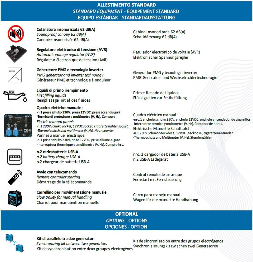 CGM Gruppi Elettrogeni srl 3300IE Generatore di corrente super power inverter SILENZIATO a benzina 3kW, con carello e telecomando, monofase 230V, avviamento Elettrico e regolazione di tensione AVR