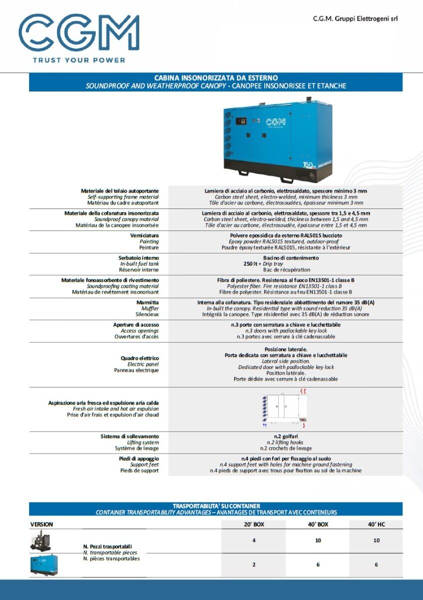 CGM 150P Generatore di corrente industrial 120kW versione chiusa C200, motore PERKINS, trifase 400V, avviamento manuale o automatico e regolazione di tensione AVR
