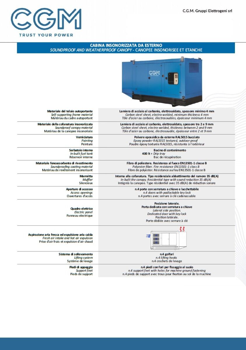 CGM 350F Industrie-Stromerzeuger 280kW geschlossene Version C450, FPT-Motor, dreiphasig 400V, manueller oder automatischer Start und AVR-Spannungsregelung