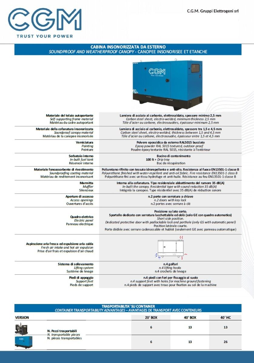 CGM 50B Generatore di corrente industrial 40kW versione chiusa C50, motore BAUDOUIN, trifase 400V, avviamento manuale o automatico e regolazione di tensione AVR