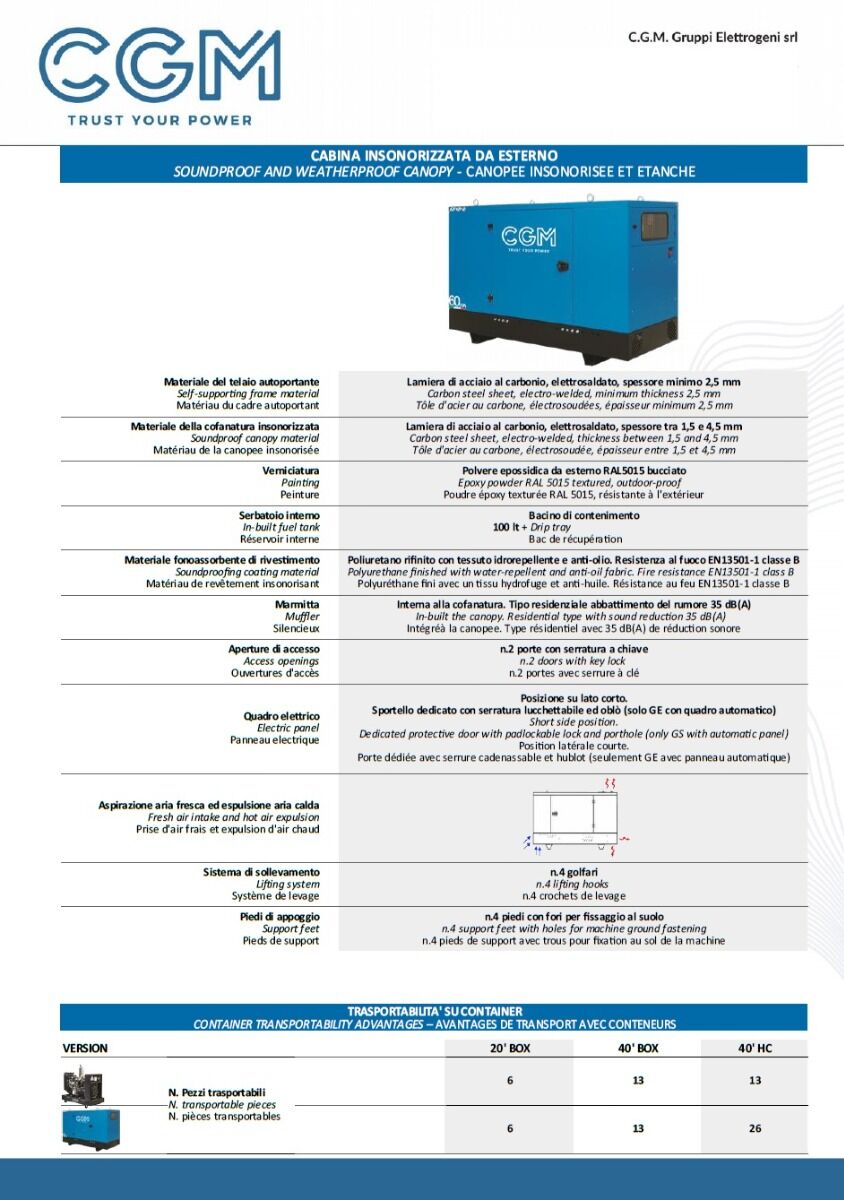 CGM 45P Generatore di corrente industrial 36kW versione chiusa C50, motore PERKINS, trifase 400V, avviamento manuale o automatico e regolazione di tensione AVR