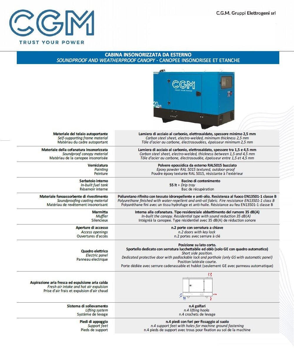 CGM 10P Generatore di corrente industrial 8kW versione chiusa C20, motore PERKINS, trifase 400V, avviamento manuale o automatico e regolazione di tensione AVR