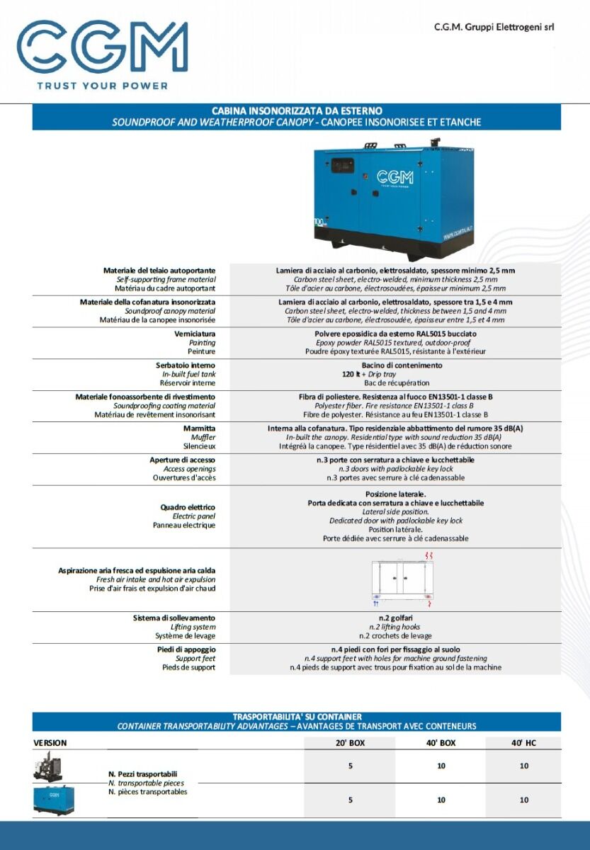 CGM 100B Industrial power generator 80kW closed version C100, BAUDOUIN motor, three-phase 400V, manual or automatic start and AVR voltage regulation