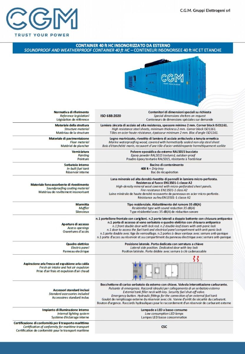 CGM 1550MH Industrial power generator 1240kW closed version CT40, MITSUBISHI motor, three-phase 400V, manual or automatic start and AVR voltage regulation