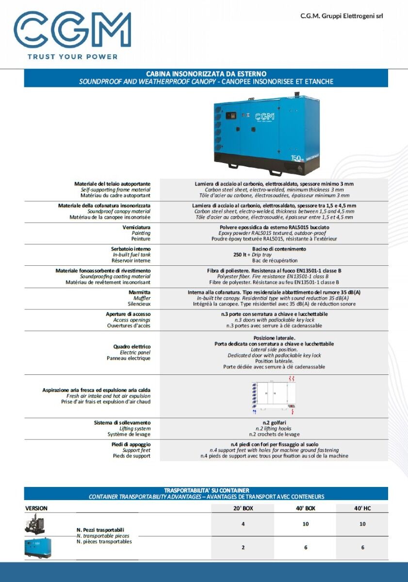 CGM 200DS Industrial power generator 160kW closed version C200, DOOSAN motor, three-phase 400V, manual or automatic start and AVR voltage regulation