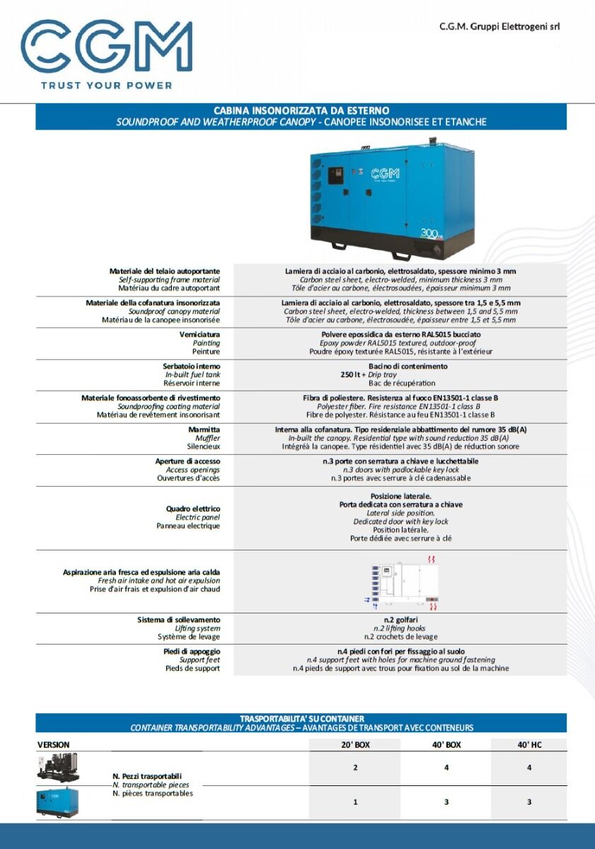 CGM 250S Industrie-Stromerzeuger 200kW geschlossene Version C300, SCANIA-Motor, dreiphasig 400V, manueller oder automatischer Start und AVR-Spannungsregelung