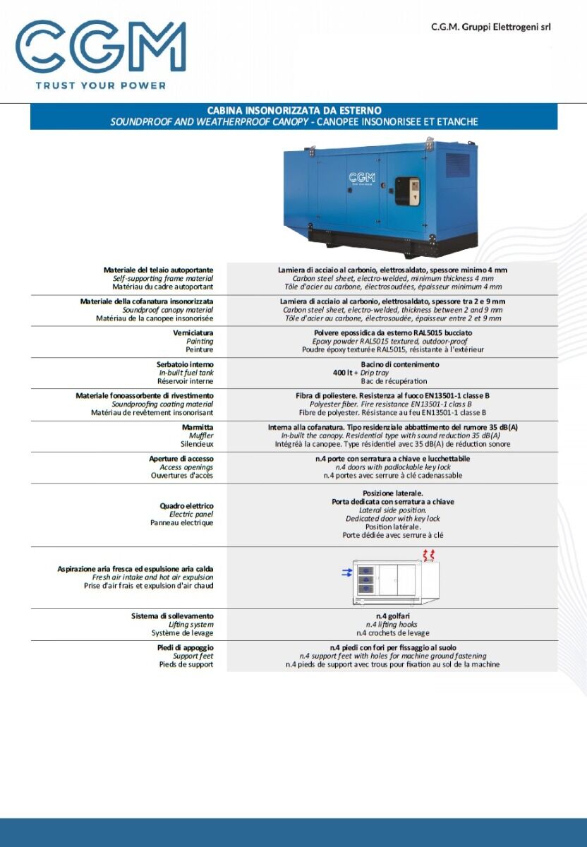 CGM 300VO Industrial power generator 240kW closed version C450, VOLVO PENTA motor, three-phase 400V, manual or automatic start and AVR voltage regulation