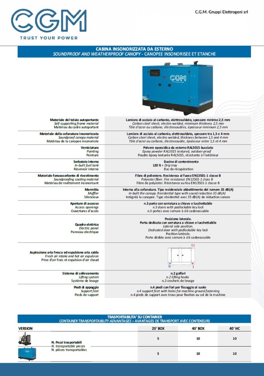 CGM 80P Generatore di corrente industrial 64kW versione chiusa C100, motore PERKINS, trifase 400V, avviamento manuale o automatico e regolazione di tensione AVR