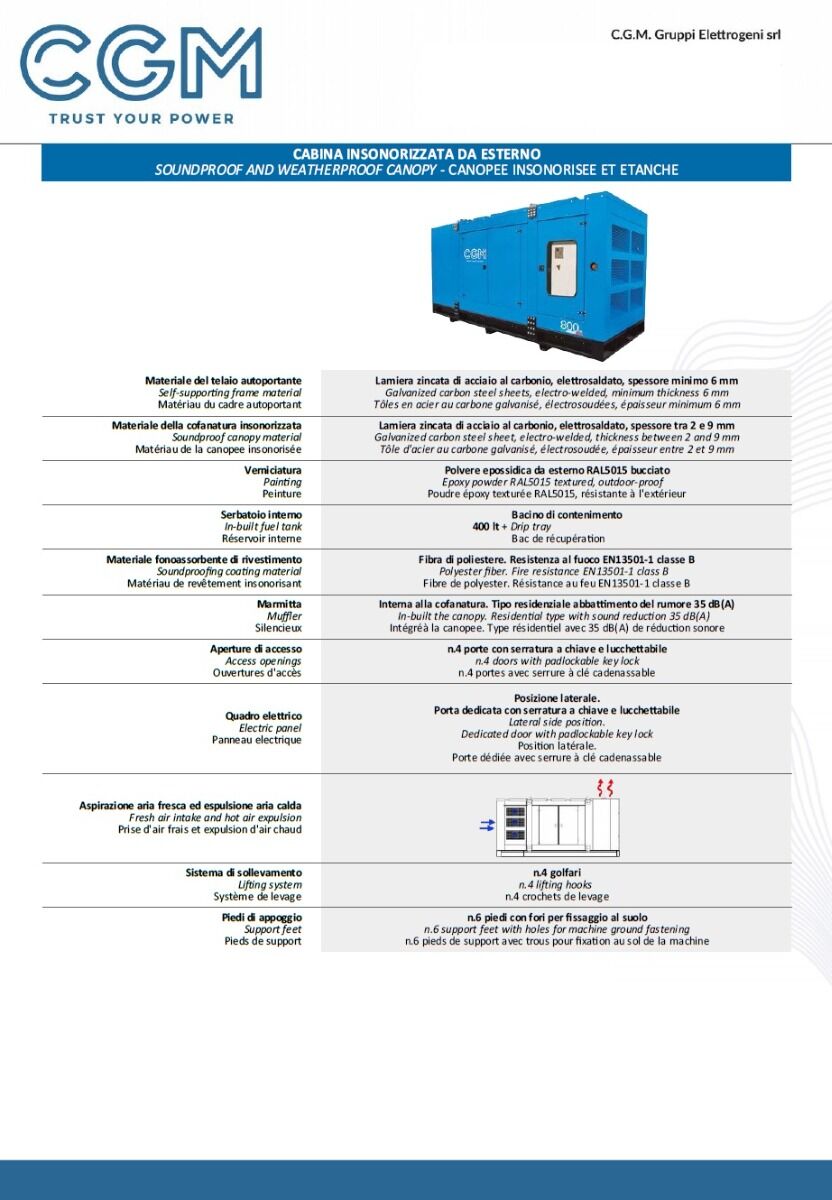 CGM 900DS Industrial power generator 720kW closed version C800, DOOSAN motor, three-phase 400V, manual or automatic start and AVR voltage regulation