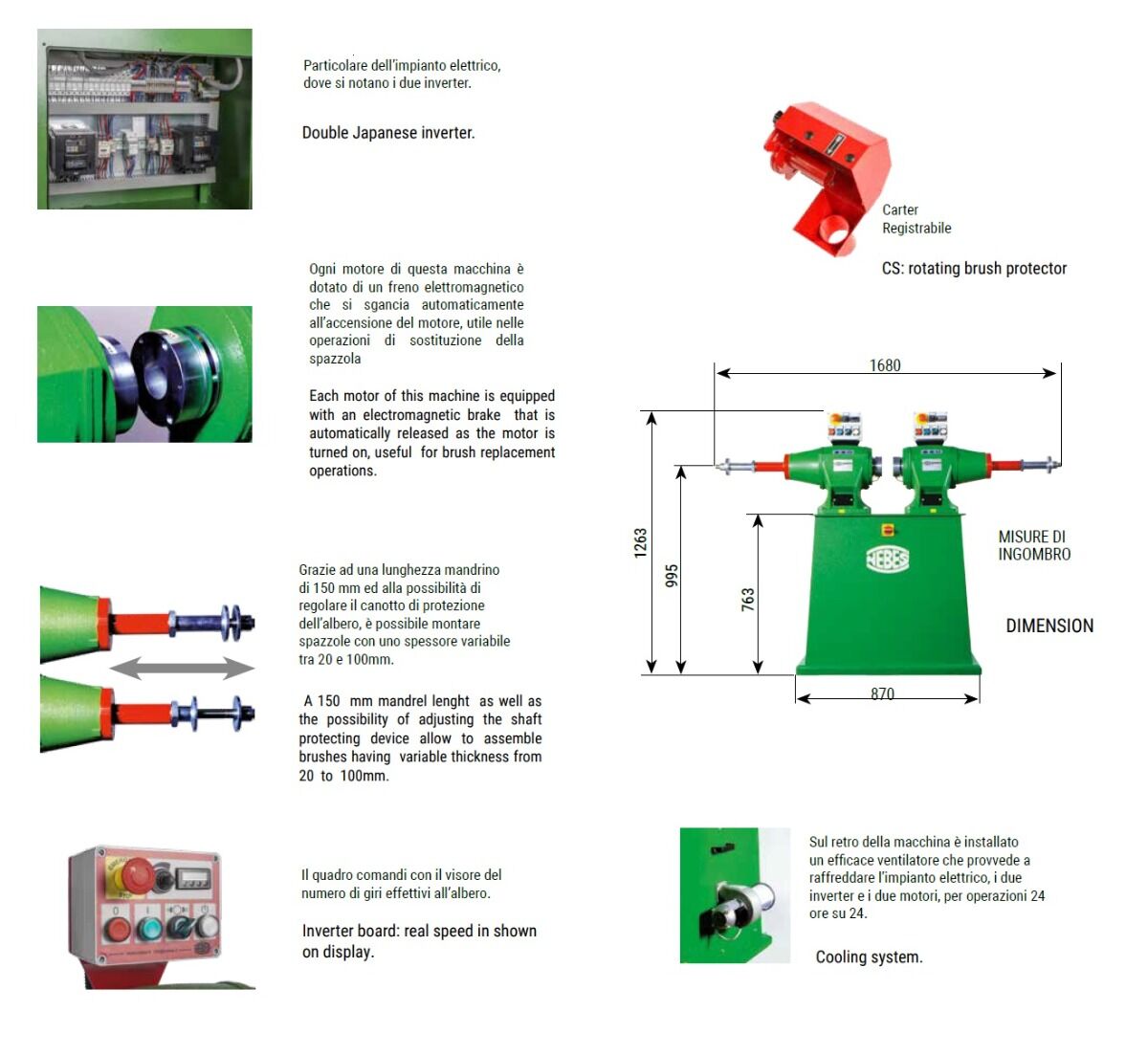 NEBES Elettromeccanica P6-DI Pulitrice industriale in Ghisa a doppio motore 4 + 4 Hp con alberi indipendenti e raffreddamento forzato, motore induzione trifase 400V