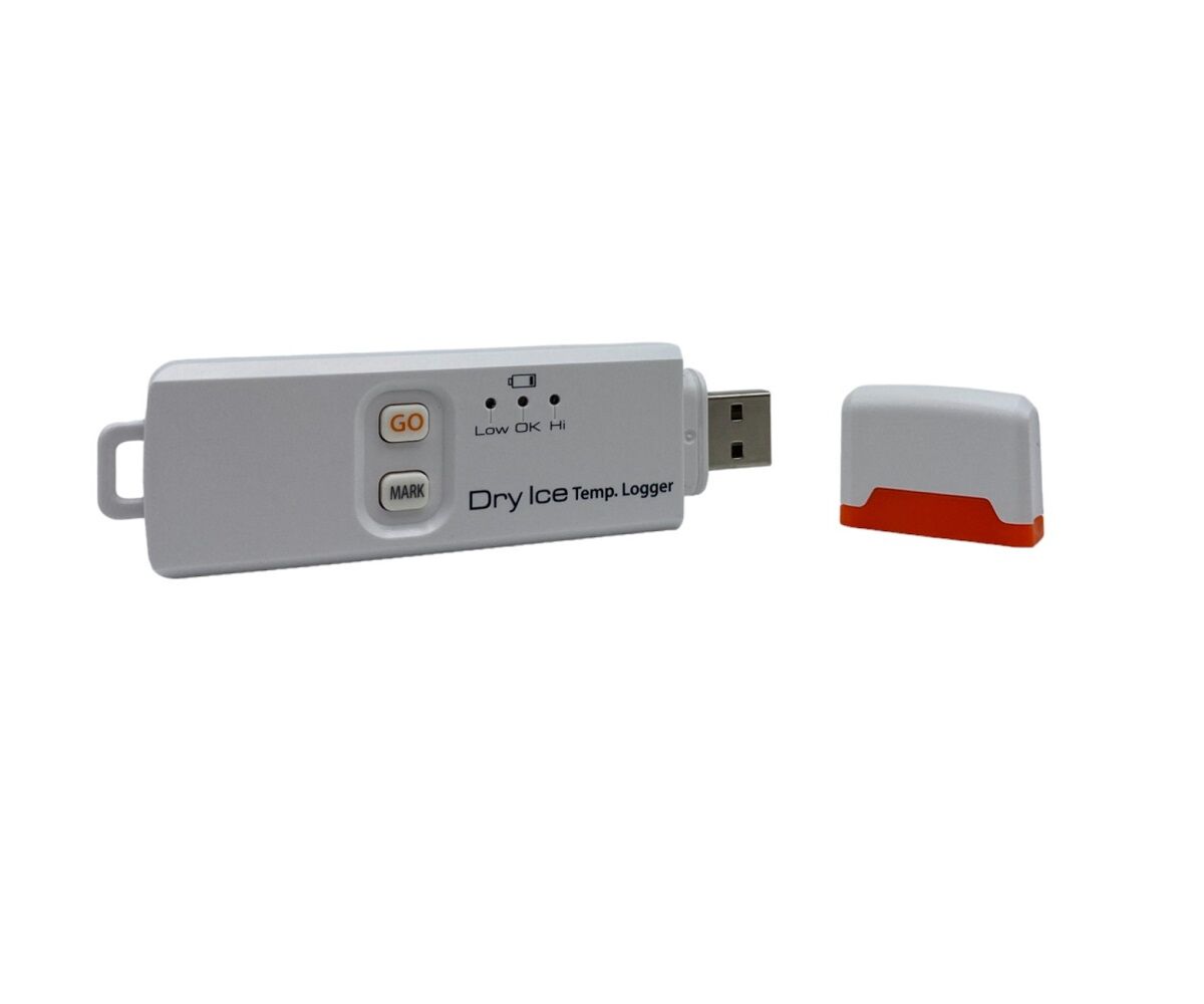 EB Instruments DLT-80 USB temperature datalogger for dry ice transport applications, EN 12830, with integrated multilingual software and data export to PDF and Excel