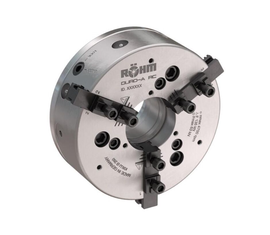 ROHM Power chucks 3-jaws DURO-A RC with quick jaw change system and individual jaw unlocking, straight teeth, cylindrical centre mount DIN 6353 - Chuck size at choice