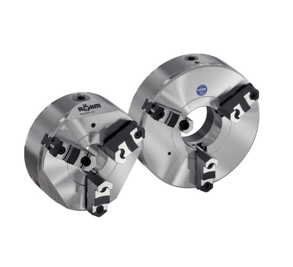 ROEHM Manual 3-jaw geared scroll chucks Model DURO-M, Base and reversible top jaws, cylindrical shank DIN 6350 for rear fitting- Self-centering outside diameter at choice