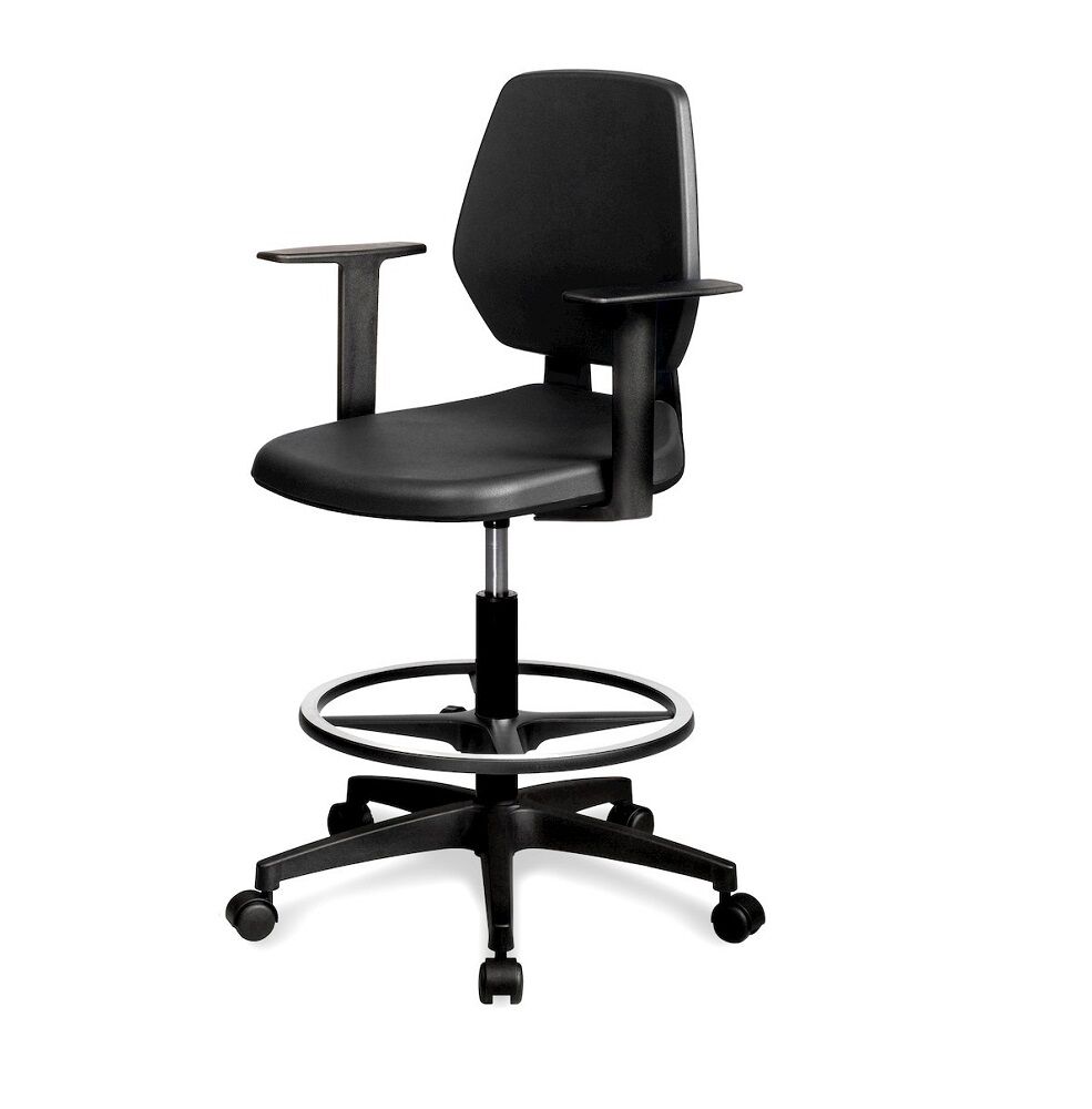 Fami FAXCATY80000007 Polyurethan-Arbeitsstuhl mit Gaspumpe, Rollen, Armlehnen und Fußstütze, schwarz, höhenverstellbar