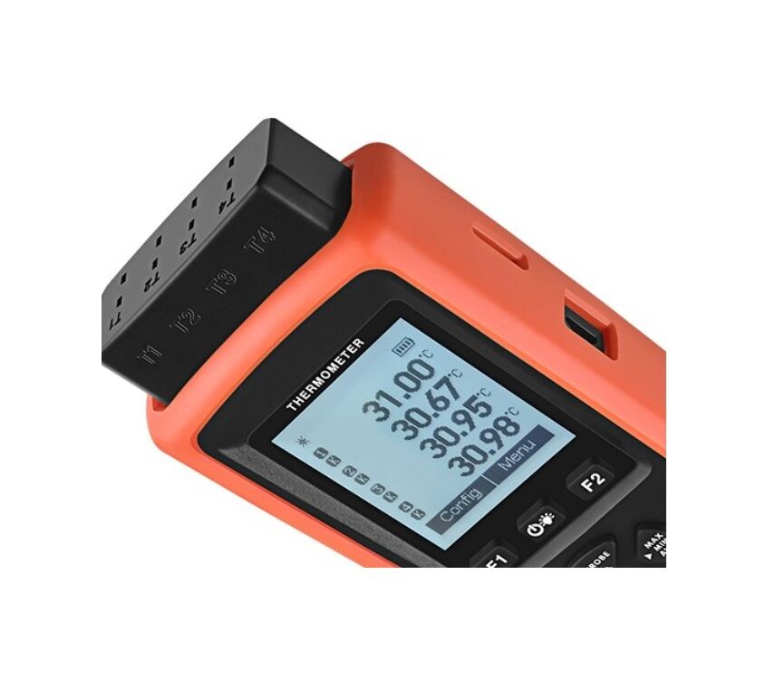 EB Instruments DTC14 Digitales Industrielles Thermometer für Thermoelemente, vier Kanäle Typ K/J/T mit Datenlogger und beleuchtetem LCD-Display