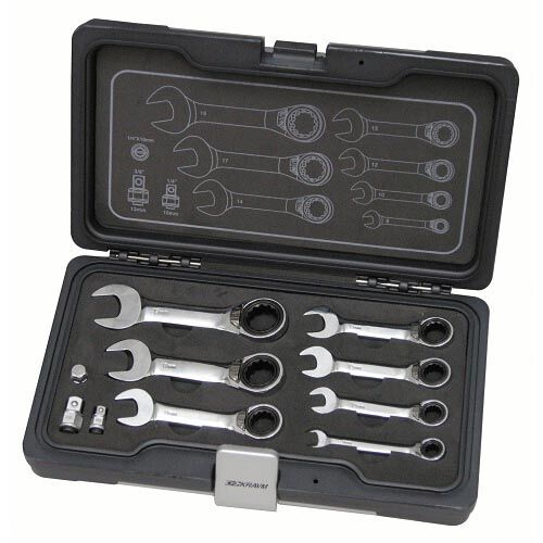 KRAVM E86113 Set mit 7 kurzen Ratschenschlüsseln 8-19 mm und 3 Adaptern 1/2" - 1/4" - 3/8"
