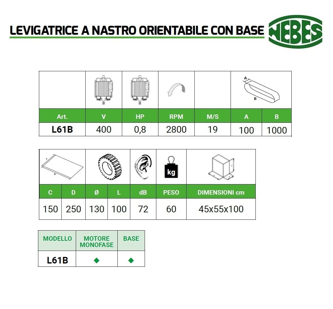 L61B-M NEBES Levigatrice a nastro con basamento e braccio orientabile, Motore Monofase 220V, 2800RPM, Nastro in dotazione 1000x100mm