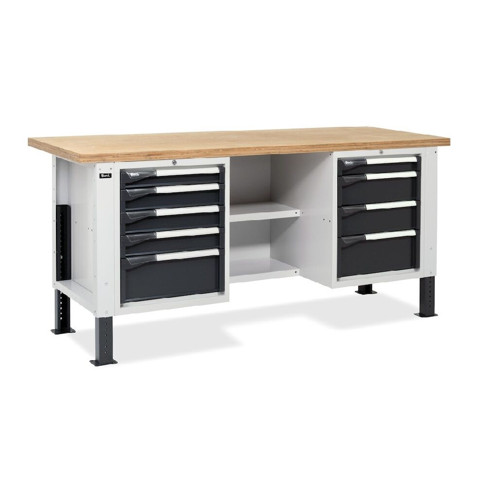 Fami MASTERBR2002 Workbench WORK MASTER height adjustable with 1 cabinets with 4 drawer, 1 cabinet with 5 drawer and 2 half-shelves