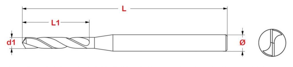 Micropunta standard in metallo lunghezza FORATURA 3xØ dei metalli, da Ø0.1 a Ø0.39