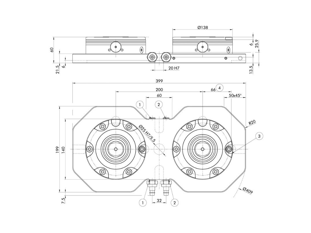 1323570 SCHUNK Spannstation Platte 399x199x60mm mit Dublettenmodul NSE3 138-V1 Turbofunktion, Einzugskraft von 56 kN, Verdrehsicherung 2fach 90°
