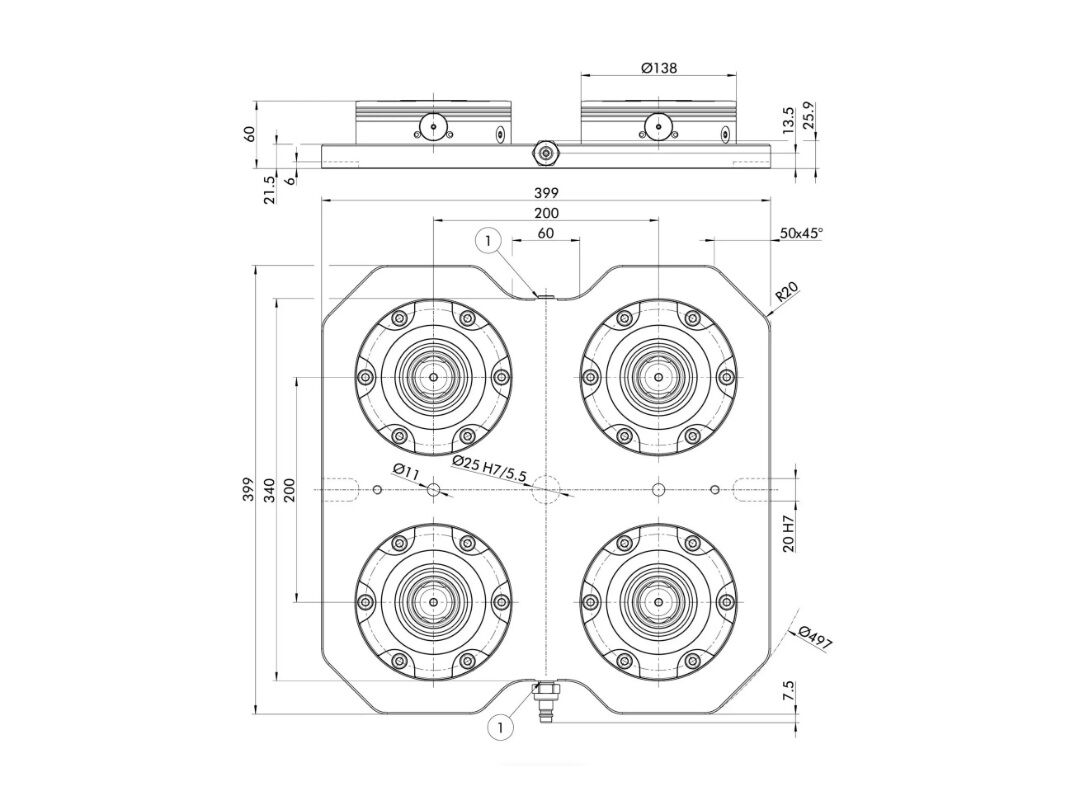 1323572 SCHUNK Piastra di serraggio 399x399x60mm con quattro moduli NSE3 138 con forza di trazione 32 kN