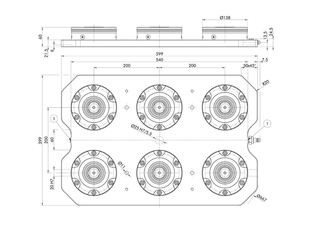 1323574 SCHUNK Piastra di serraggio 599x399x60mm con sei moduli NSE3 138 con forza di trazione 48 kN