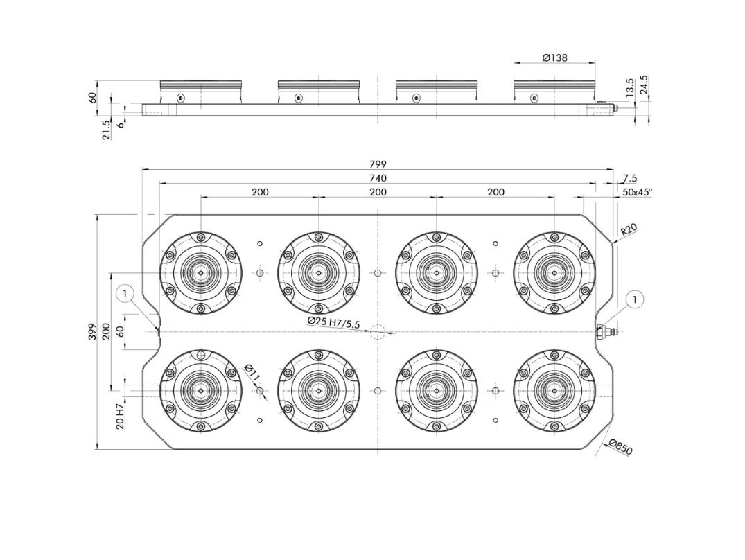 1323575 SCHUNK Clamping station plate 799x399x60mm with eight NS3 138 modules, pull-down force 64 kN