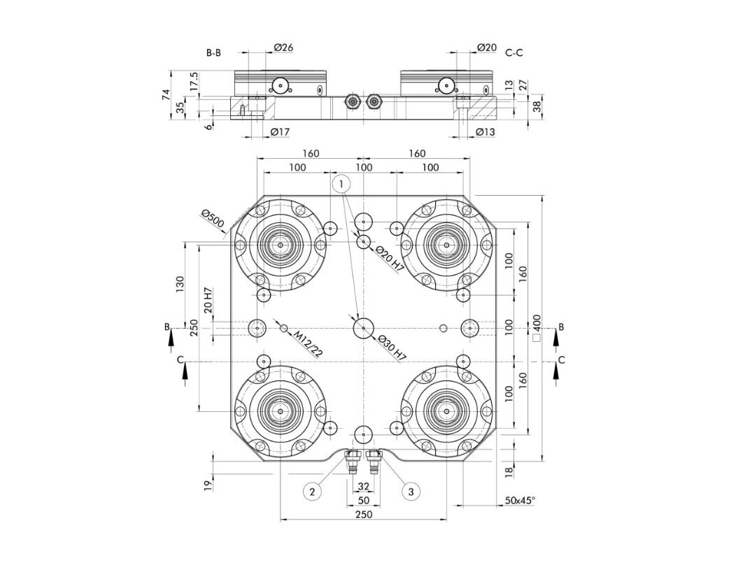 1337138 SCHUNK Clamping station plate 400x400x74mm with four modules NSE3 138 turbo function, pull-down force 112 kN