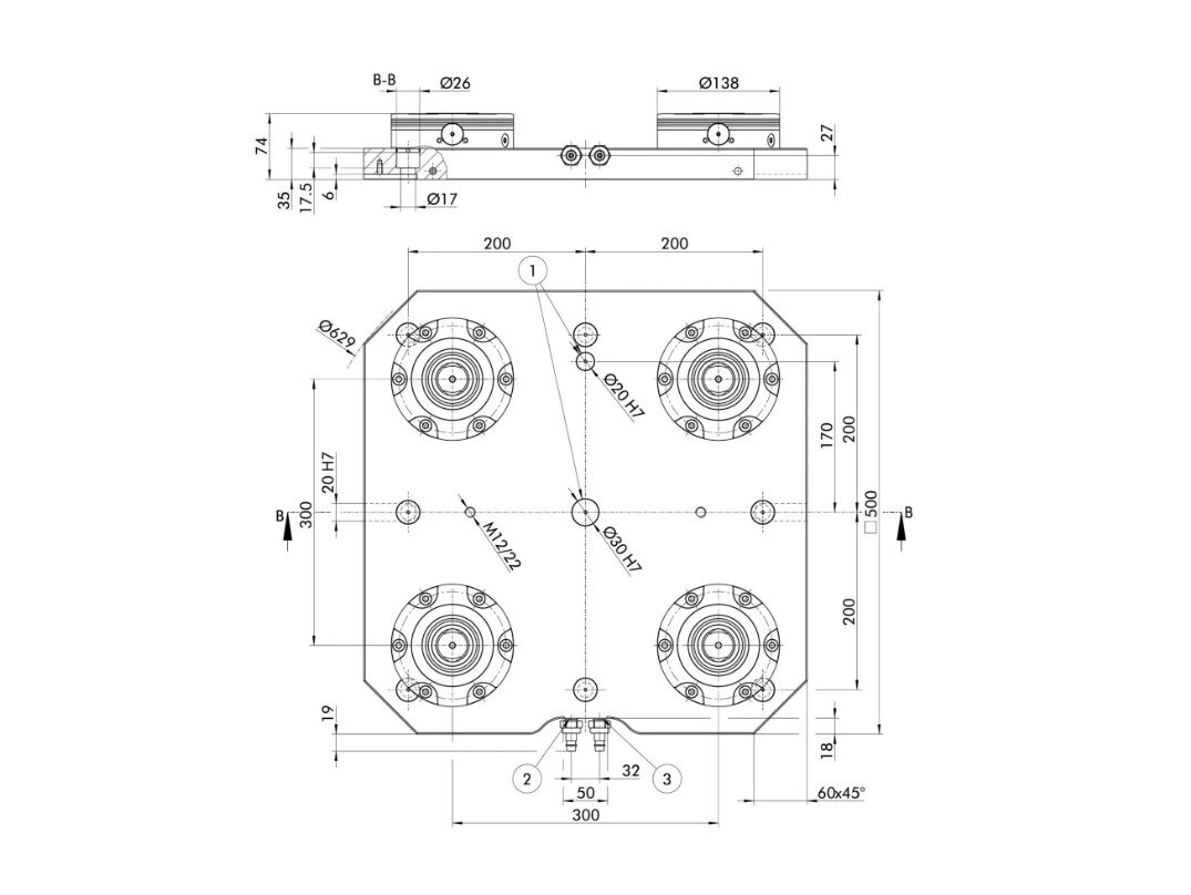 1337139 SCHUNK Spannstation Platte 500x500x74mm mit vier NSE3 138 Module Turbofunktion, Einzugskraft von 112 kN