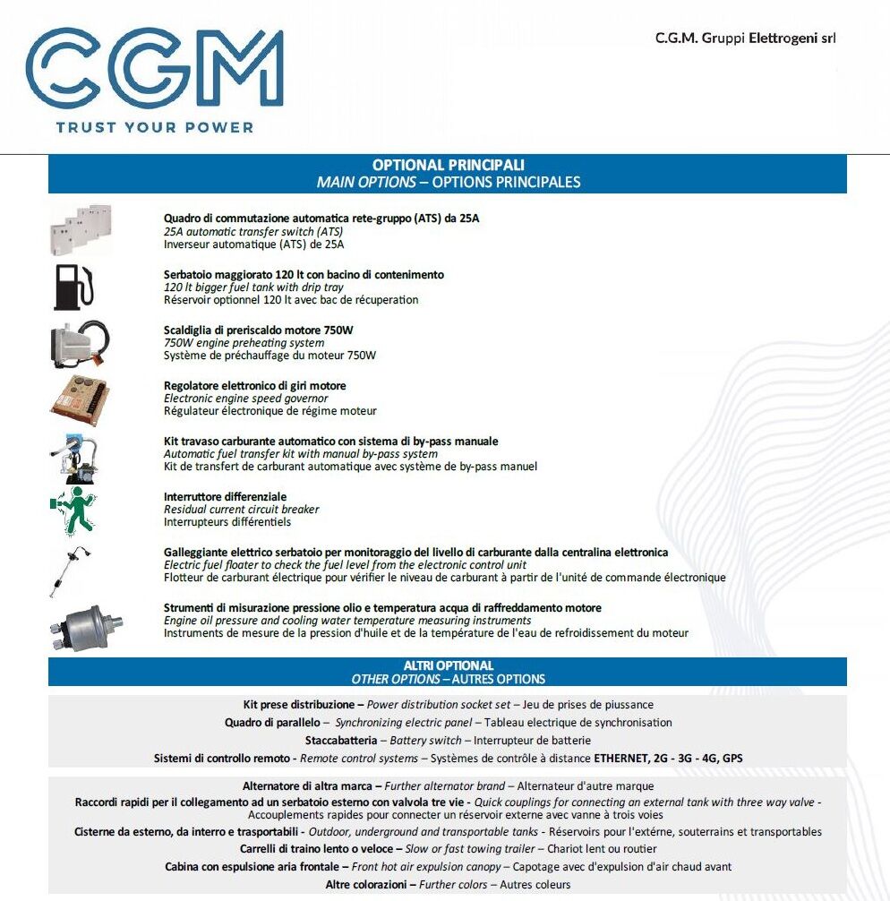 CGM 20P Generatore di corrente industrial 16kW versione aperta B20, motore PERKINS, trifase 400V, avviamento manuale o automatico e regolazione di tensione AVR