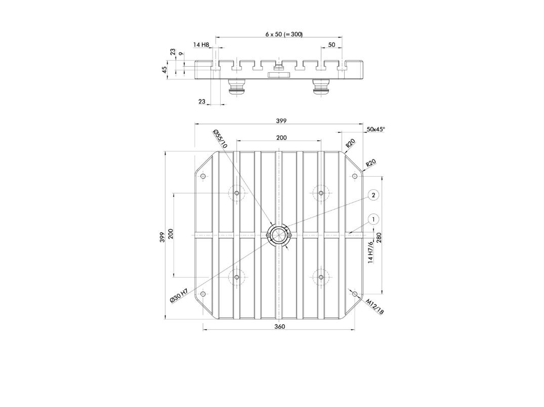 471560 SCHUNK Spannpaletten mit T-Nuten 14H8 ohne Spannmittel 399x399x45mm Stahl, Unterseite 4fach Spannbolzen SPx 40