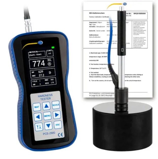 PCE Instruments PCE-2900-ICA Durometro moderno per metalli con certificazione ISO, misurazione precisa in varie unità, trasferimento dati USB/Wi-Fi e ampio display LCD retroilluminato