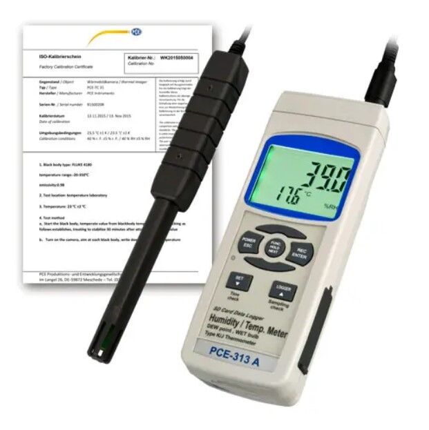 PCE Instruments PCE-313A-ICA Temperaturmessgerät, hohe präzision für temperatur und luftfeuchtigkeit, SD-speicher, echtzeitdaten und ISO-zertifizierung inklusive