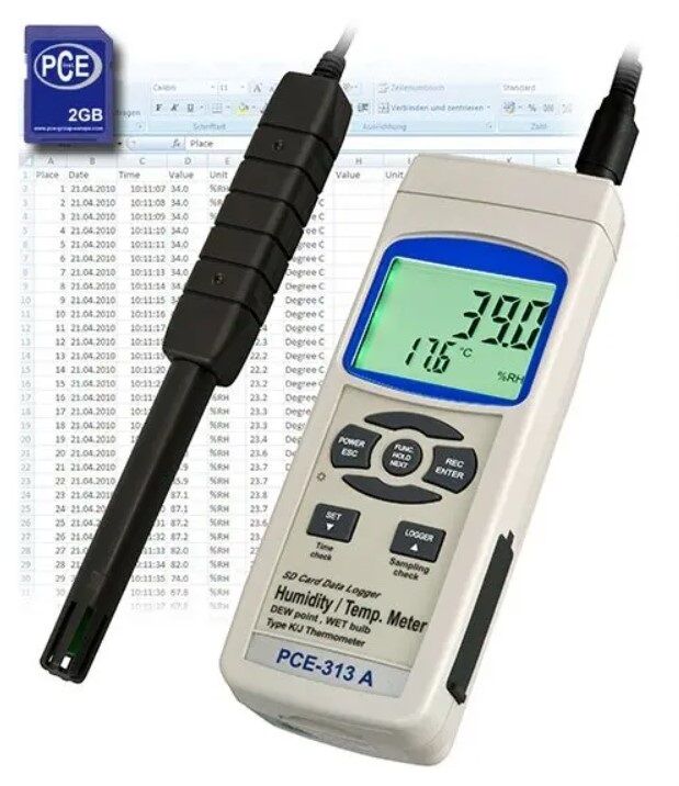 PCE Instruments PCE-313A Hygrometer, measures humidity and temperature, stores on SD card, powered by battery or via power adapter, connection for K-type thermocouples