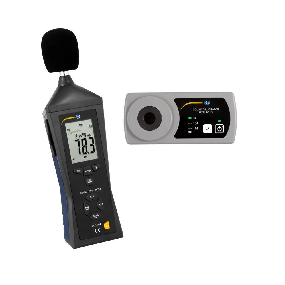 PCE Instruments PCE-322-SC43 Dezibelmeter der Klasse 2 mit Datenlogger und akustischem Kalibrator mit verschiedenen Schalldruckpegeln