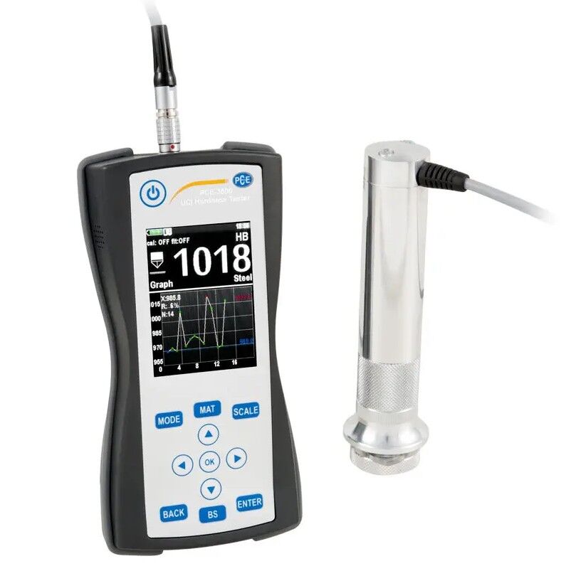 PCE Instruments PCE-3500 Durometro UCI per misure non distruttive per la misura dei pezzi metallici, misura in HV, HRC, HRB, HB e MPa