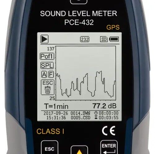 PCE Instruments PCE-432-EKIT Sound level meter with GPS and kit for outdoor measurements, built-in data logger, measuring range from 22 to 136 dB(A)