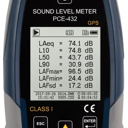 PCE Instruments PCE-432-EKIT Sound level meter with GPS and kit for outdoor measurements, built-in data logger, measuring range from 22 to 136 dB(A)