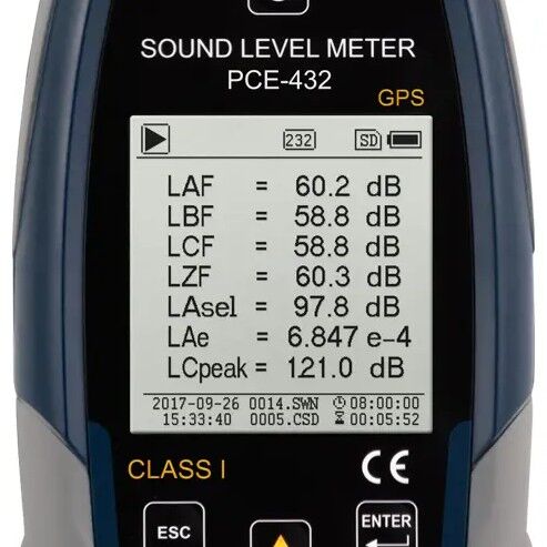 PCE Instruments PCE-432-EKIT Sound level meter with GPS and kit for outdoor measurements, built-in data logger, measuring range from 22 to 136 dB(A)
