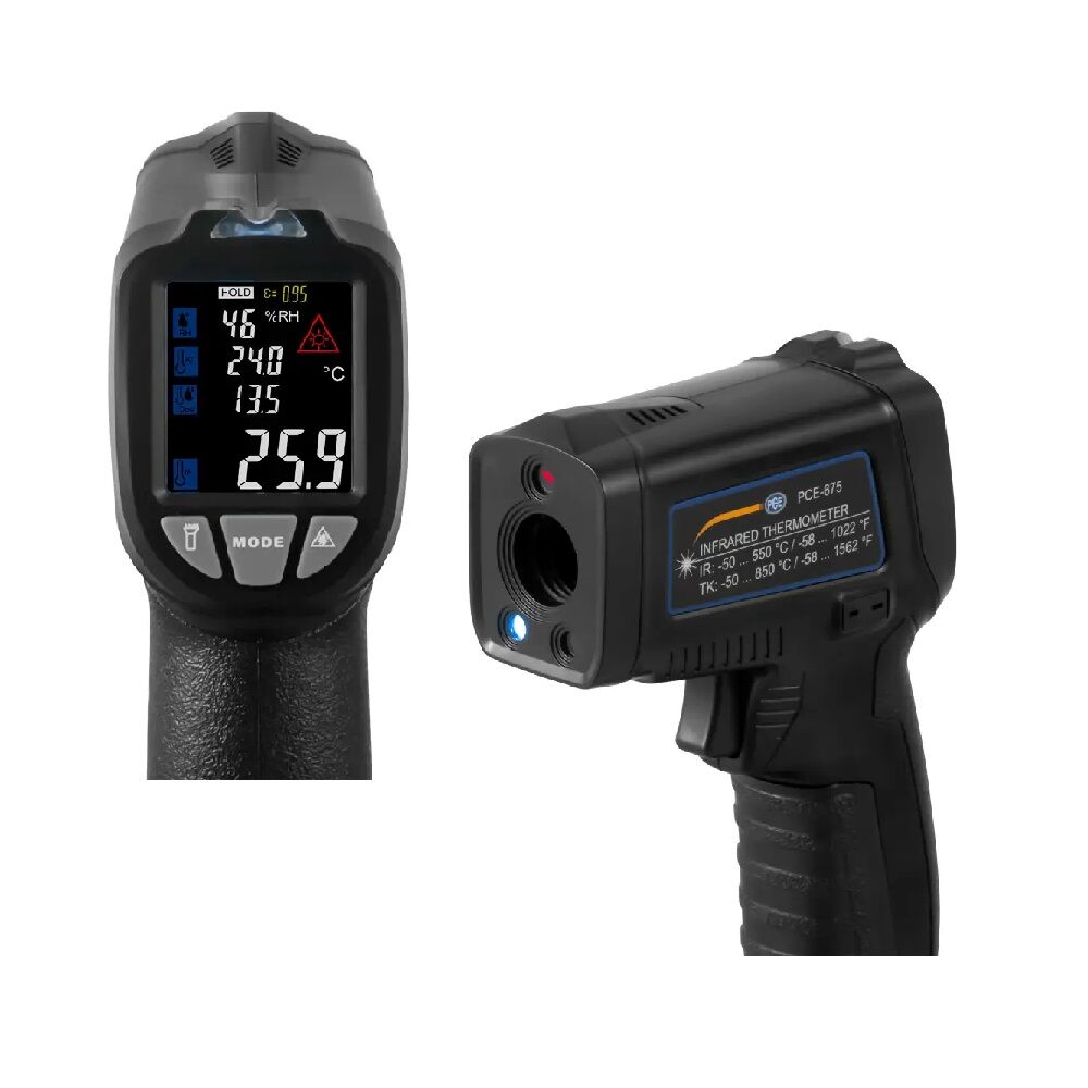 PCE Instruments PCE-675 Pirometro a infrarossi con puntatore laser e ingresso per sonde tipo K - Misura la temperatura superficiale e ambientale, l'umidità relativa e il punto di rugiada