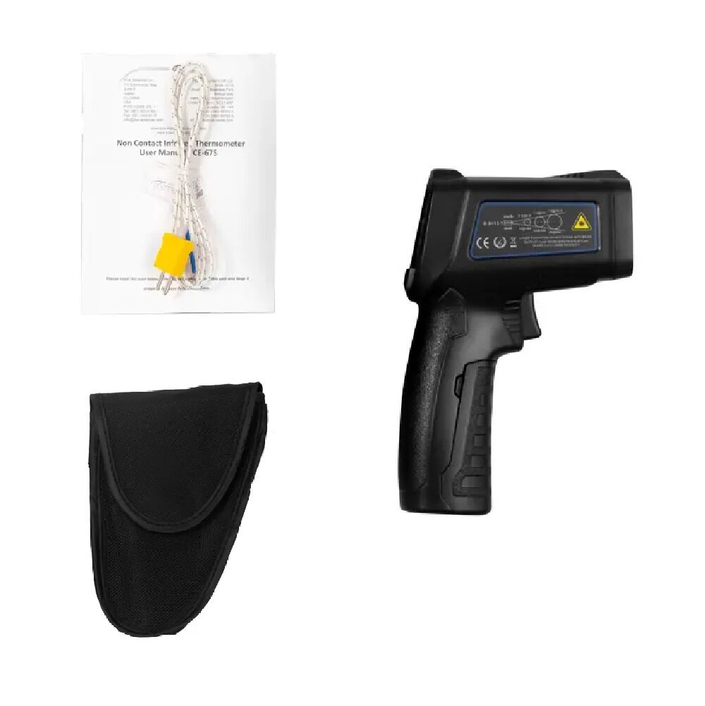 PCE Instruments PCE-675 Pirometro a infrarossi con puntatore laser e ingresso per sonde tipo K - Misura la temperatura superficiale e ambientale, l'umidità relativa e il punto di rugiada