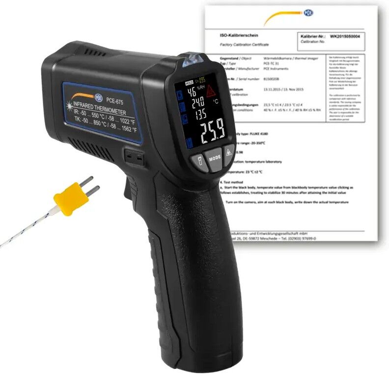 PCE Instruments PCE-675-ICA Infrared pyrometer with laser pointer and input for type K probes, ISO calibration report included only for IR function